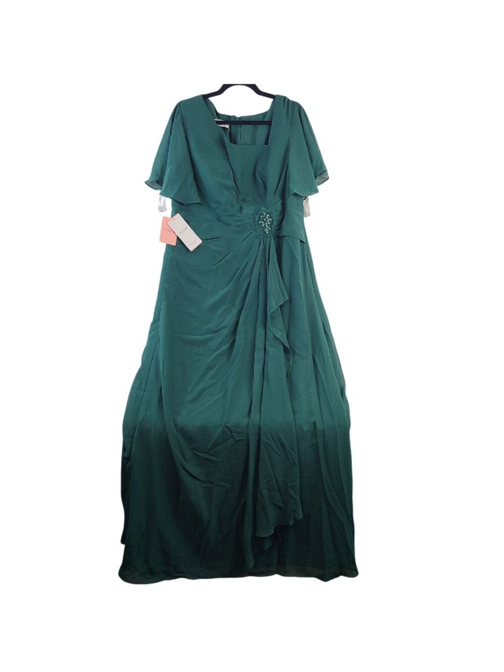 NEW JJ's House Dark Green Evening Gown Flutter Sleeves Embellished Waist Sz 16W